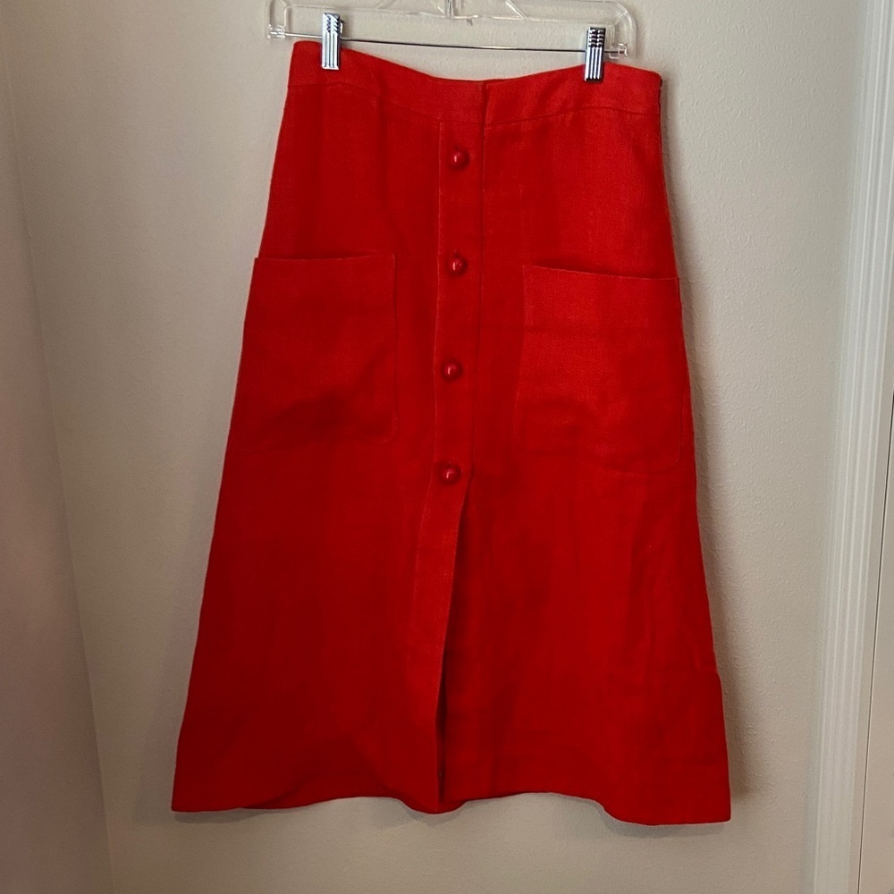 Isa Arfen Campari Red/Orange 100% Linen A-Line Front-Button Skirt UK10 / US6 - Picture 2 of 6